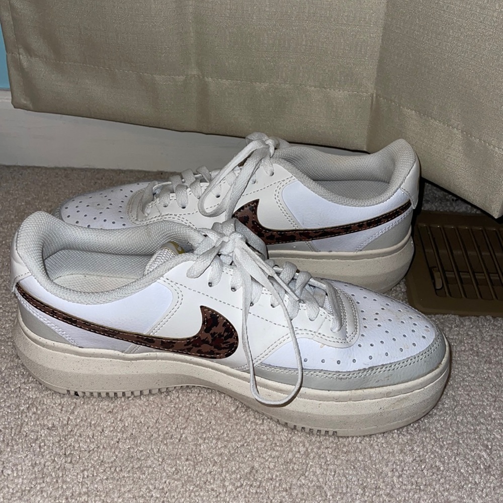 White Nike Air Forces w Leopard Swoosh✨